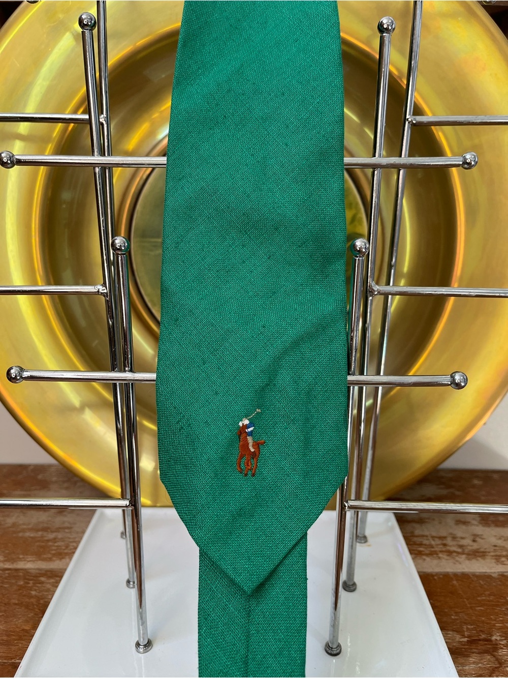 Ralph Lauren Green Polo Player Linen Tie